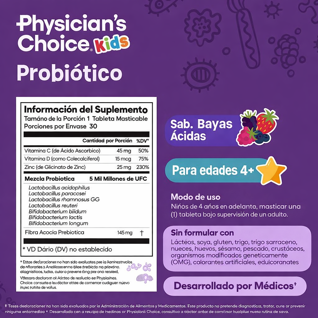 Probiótico infantil con zinc, vitaminas naturales y prebióticos orgánicos: favorece la salud digestiva e inmunológica. Pastillas masticables con sabor a bayas