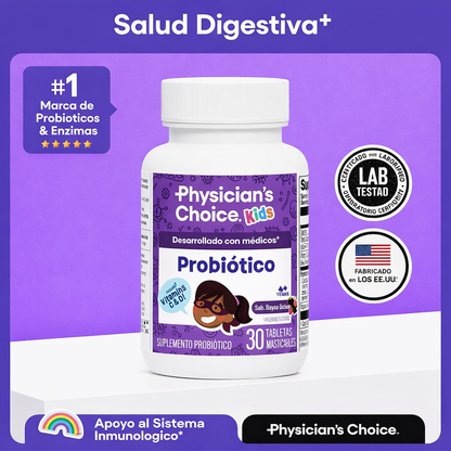 Probiótico infantil con zinc, vitaminas naturales y prebióticos orgánicos: favorece la salud digestiva e inmunológica. Pastillas masticables con sabor a bayas