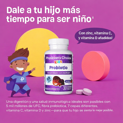 Probiótico infantil con zinc, vitaminas naturales y prebióticos orgánicos: favorece la salud digestiva e inmunológica. Pastillas masticables con sabor a bayas
