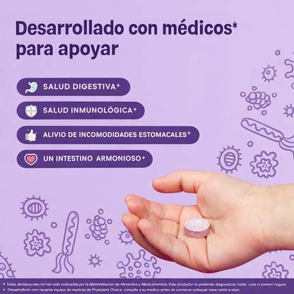 Probiótico infantil con zinc, vitaminas naturales y prebióticos orgánicos: favorece la salud digestiva e inmunológica. Pastillas masticables con sabor a bayas