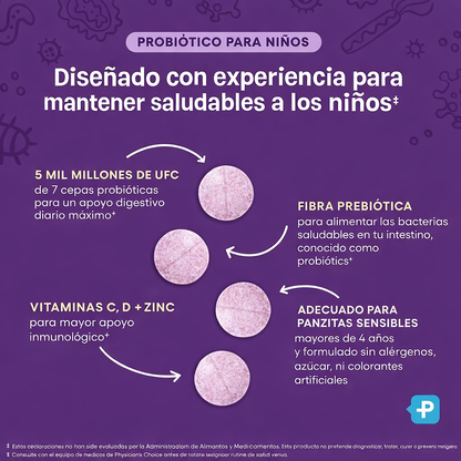 Probiótico infantil con zinc, vitaminas naturales y prebióticos orgánicos: favorece la salud digestiva e inmunológica. Pastillas masticables con sabor a bayas