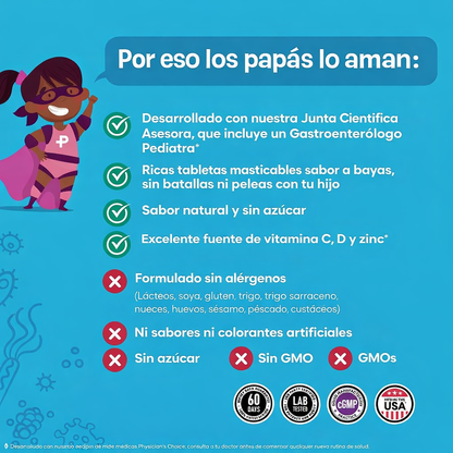 Probiótico infantil con zinc, vitaminas naturales y prebióticos orgánicos: favorece la salud digestiva e inmunológica. Pastillas masticables con sabor a bayas